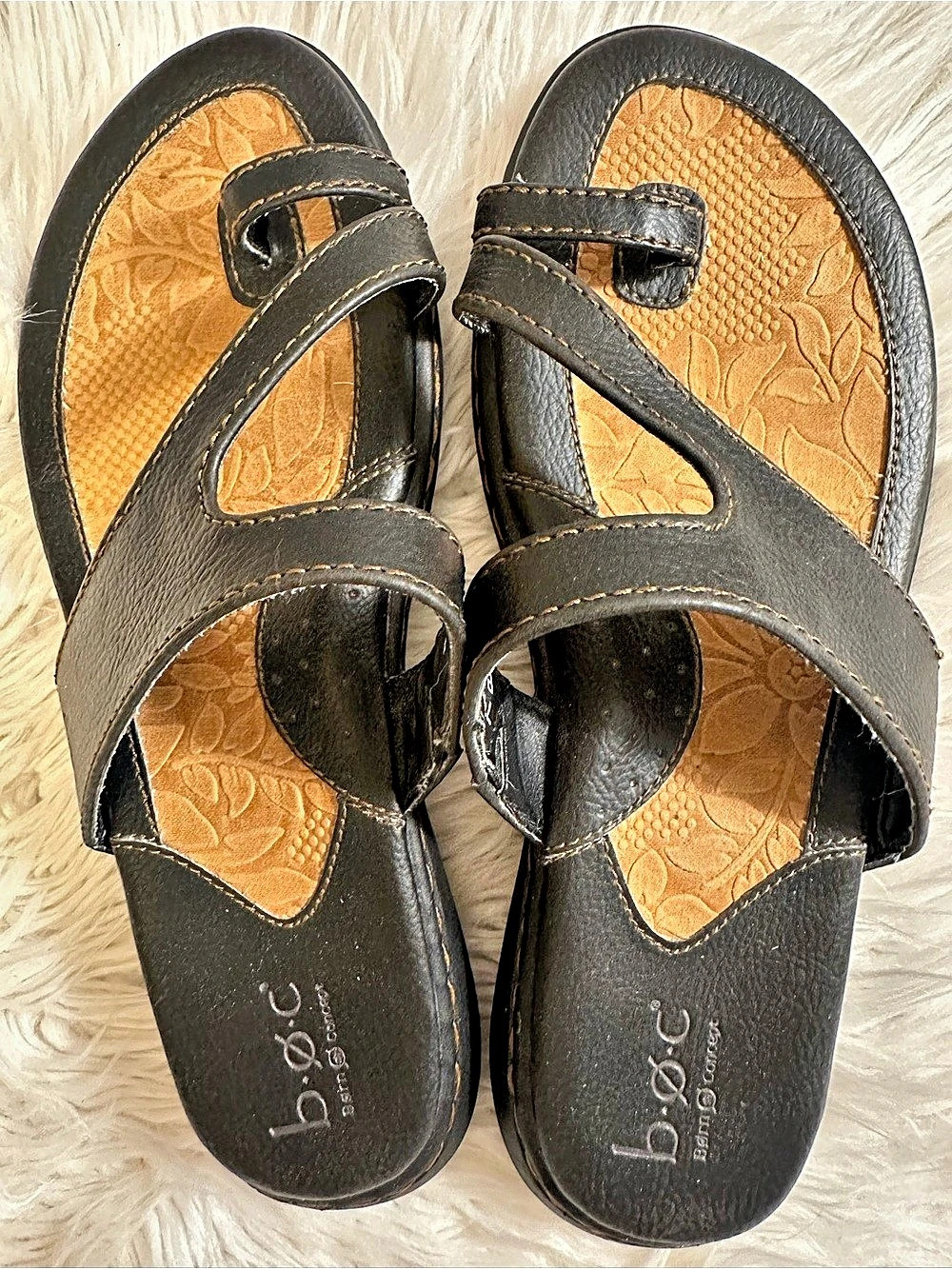 b.o.c. Born Concept Black Leather Comfort Thong Sandals Size 7M